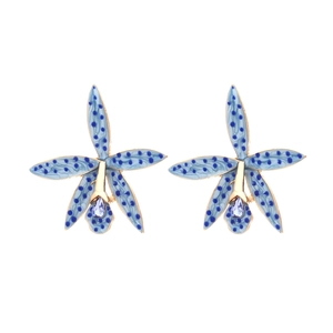 Elegant blue enamel orchid flower stud earrings with polka dots and gold accents