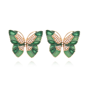 Butterfly Stud Earrings With Enamel Drip Oil And Imitation Artificial Pearl Inlaid Alloy Vintage Style Sweet Jewelry For Women