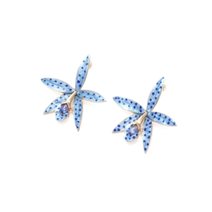 Elegant floral stud earrings with blue spotted enamel petals and purple gemstones