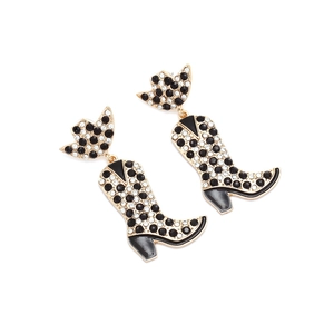 Boucles d'oreilles bottes de cowboy dorées modernes avec strass en cristal noir et blanc