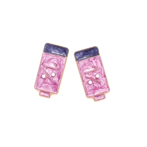Retro gold alloy earrings with purple blue enamel texture and small white pearls