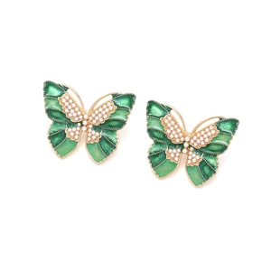 Vintage green butterfly earrings with enamel wings and white faux pearls in gold finish