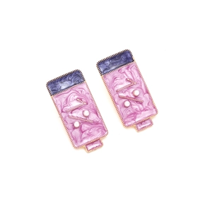 Unique blue and purple enamel battery power earrings with white faux pearls and gold details
