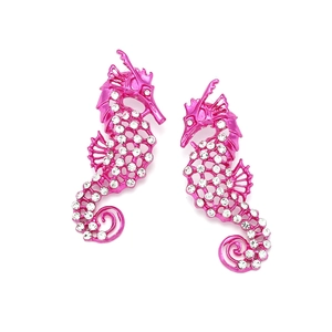 Boucles d'oreilles hippocampe rose vif avec cadre en alliage évidé et strass blancs