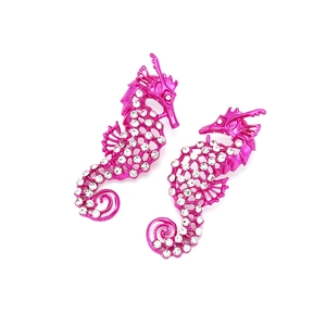 Boucles d'oreilles hippocampe rose fuchsia ornées de cristaux brillants pour femmes