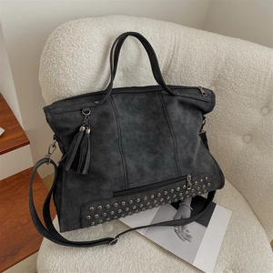 Retro grey rivets tassel tote bag with large capacity and adjustable shoulder strap