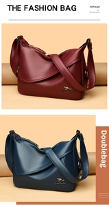 Close-up of pebble leather crossbody bags with golden kangaroo logo and wide straps