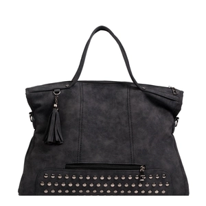 Large dark grey tote bag with metal rivets, decorative tassels and top stitching detail