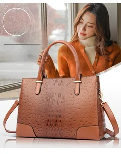 Details einer braunen Henkeltasche mit Kroko- und Straußenlederprägung und Griffen