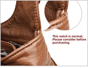 Detail shot of the textured brown leather bag showing zipper end gap and stitching craft