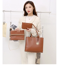 Detailed view of brown quilted bag set featuring a tote, chain purse, and clutch bag