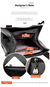 Detailed view of black litchi grain leather bag with multiple interior compartments and pockets