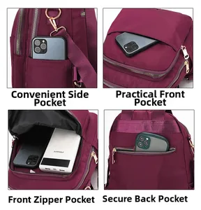 Détails du sac à dos en nylon bordeaux avec plusieurs compartiments et zips dorés