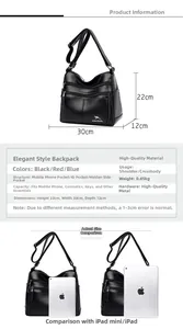 Size comparison of the black leather shoulder bag with tablets and internal dimensions