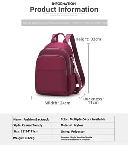 Guide des dimensions du sac à dos en nylon violet montrant taille 32x24x11cm et poids 0,32kg