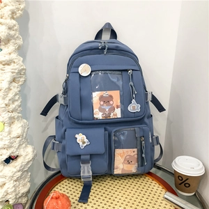 Sac À Dos En Nylon Style Japonais Mignon Grande Capacité Cartable Pour Filles Avec Pendentif Vache En Peluche Et Épingles