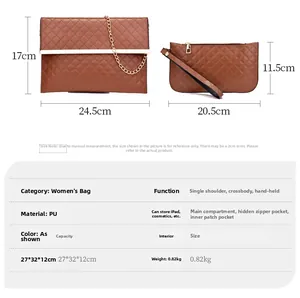 Close-up of brown quilted faux leather bag set with gold chain and size specifications