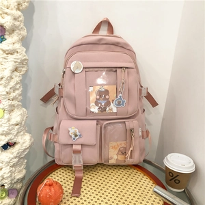Sac à dos d'école en nylon rose imperméable avec accessoires ours et poches multiples