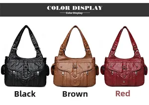 Three washed leather tote bags in black brown and red with side pockets and belt decor