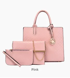 Detailed set of pink quilted bags including a tote, chain handbag and small clutch