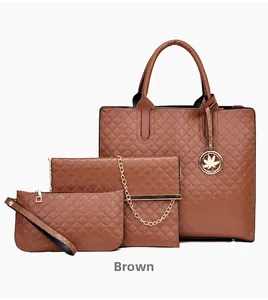 Macro detail of brown quilted PU leather three-piece bag set with gold hardware