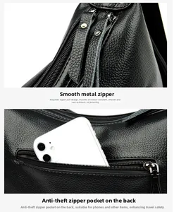 Close-up of smooth silver zipper hardware and anti-theft back pocket on black leather bag