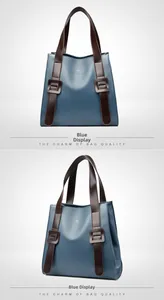 Detailed views of a blue textured leather tote bag with brown straps and kangaroo logo