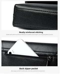 Close-up of black lychee grain leather bag with reinforced stitching and back zipper pocket