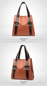 Detail views of yellow-brown tote bag in lychee pattern leather with stylish buckle straps