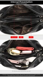 Internal view of black lychee leather bag showing spacious compartments and zip pocket