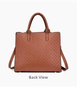 Detailed back view of a brown quilted tote bag with diamond stitching and metal feet