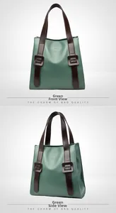 Front and side views of green textured tote bag with brown straps and kangaroo logo