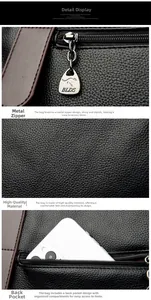Detail of silver kangaroo metal zipper, black litchi grain leather and back zipper pocket