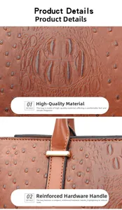 Detailansicht der Kroko- und Straußenstruktur auf brauner Handtasche mit Metallteilen