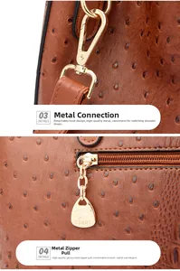 Detail der braunen Straußenledertasche mit goldenen Haken und SDDS-Känguru-Zippern