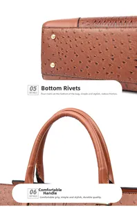 Detailansicht der braunen Tasche mit Straußenleder-Textur, Bodenstollen und Griffen