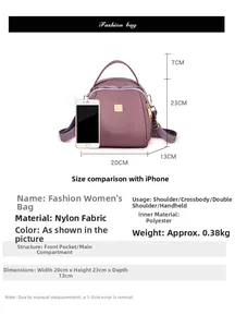 Confronto dimensioni e specifiche dettagliate per la borsa in nylon viola multiuso