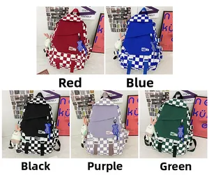 Checkerboard backpacks in five colors with cute plush bear and rabbit charms