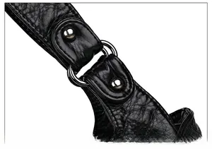 Close-up of durable silver hardware ring buckle on black soft leather shoulder bag