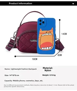 Dimensioni dettagliate e scala della borsa a tracolla in nylon viola trapuntato