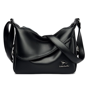 Minimalist black lychee texture leather shoulder bag with metal kangaroo logo on white background
