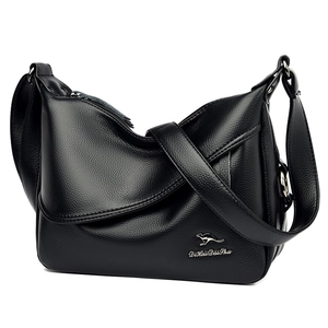 Classic black litchi pattern leather shoulder bag with metallic kangaroo logo