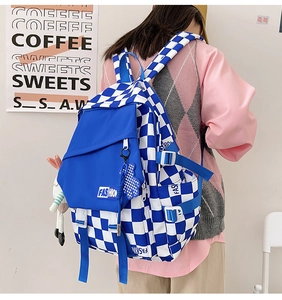 Detail of blue checkerboard backpack with fashion label and side adjustable buckle straps