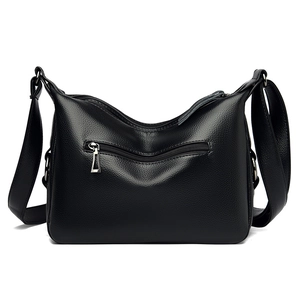 Classic black litchi pattern leather shoulder bag with adjustable strap and front zipper