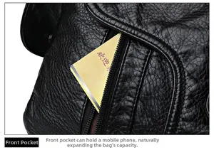 Detail of front zipper pocket on black leather bag with card slot for mobile storage