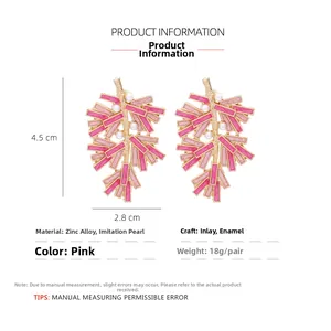 Size chart showing dimensions for pink enamel leaf earrings with faux pearls
