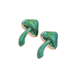 Green mushroom earrings with gold butterfly relief and faux pearl trim decoration