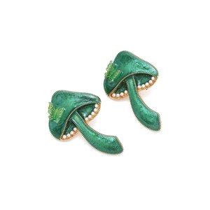 Green enamel mushroom stud earrings with butterfly and small pearls on white background