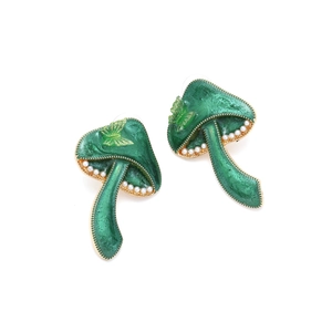 Charming mushroom and butterfly earrings with green enamel and white pearl accents