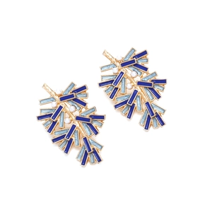Golden leaf stud earrings with blue enamel inlay and pearls in a minimalist design